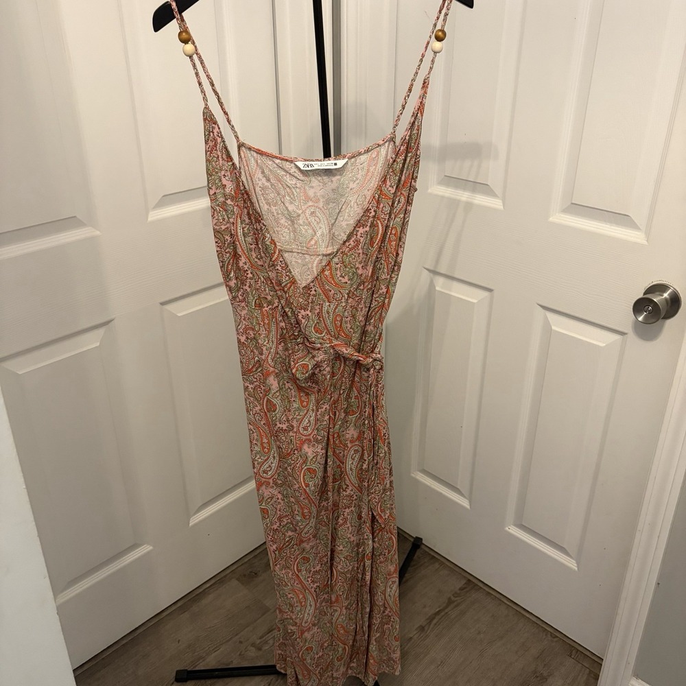 Zara Paisley Print Wrap Dress Large Side Tie Beaded Straps Boho Chic Beach EUC